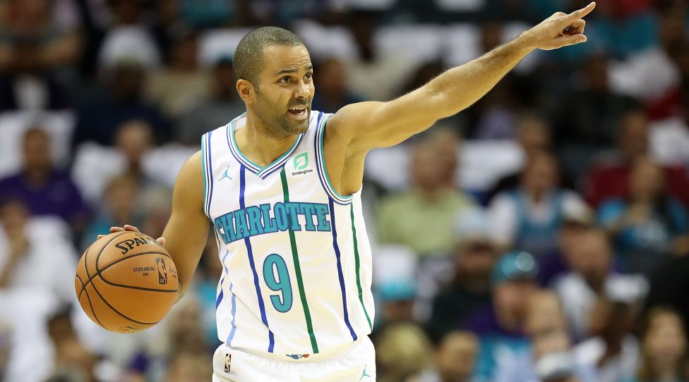 CHARLOTTE, NC - OCTOBER 17:  Tony Parker #9 of the Charlotte Hornets brings the ball up the court against the Milwaukee Bucks during their game at Spectrum Center on October 17, 2018 in Charlotte, North Carolina. NOTE TO USER: User expressly acknowledges and agrees that, by downloading and or using this photograph, User is consenting to the terms and conditions of the Getty Images License Agreement.  (Photo by Streeter Lecka/Getty Images)