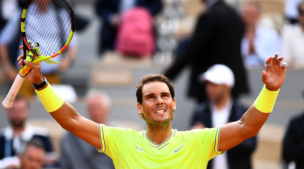PARIS, FRANCE - JUNE 04: Rafael Nadal of Spain celebrates victory during his mens singles quarter-final match against Kei Nishikori of Japan during Day ten of the 2019 French Open at Roland Garros on June 04, 2019 in Paris, France. (Photo by Clive Mason/Getty Images)