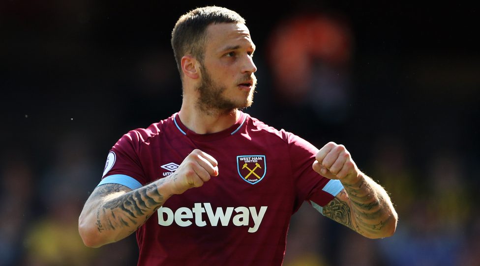 WATFORD, ENGLAND - MAY 12:  Marko Arnautovic of West Ham United celebrates scoring his goal during the Premier League match between Watford FC and West Ham United at Vicarage Road on May 12, 2019 in Watford, United Kingdom. (Photo by Matthew Lewis/Getty Images)
