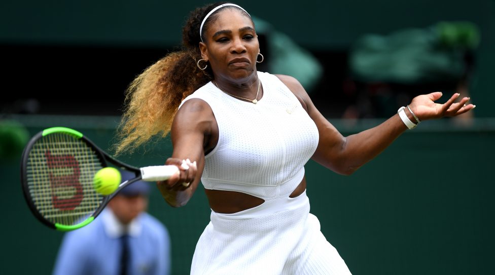 LONDON, ENGLAND - JULY 09: Serena Williams of the United States plays a forehand  in her Ladies' Singles Quarter Final match against Alison Riske of the United States during Day Eight of The Championships - Wimbledon 2019 at All England Lawn Tennis and Croquet Club on July 09, 2019 in London, England. (Photo by Mike Hewitt/Getty Images)