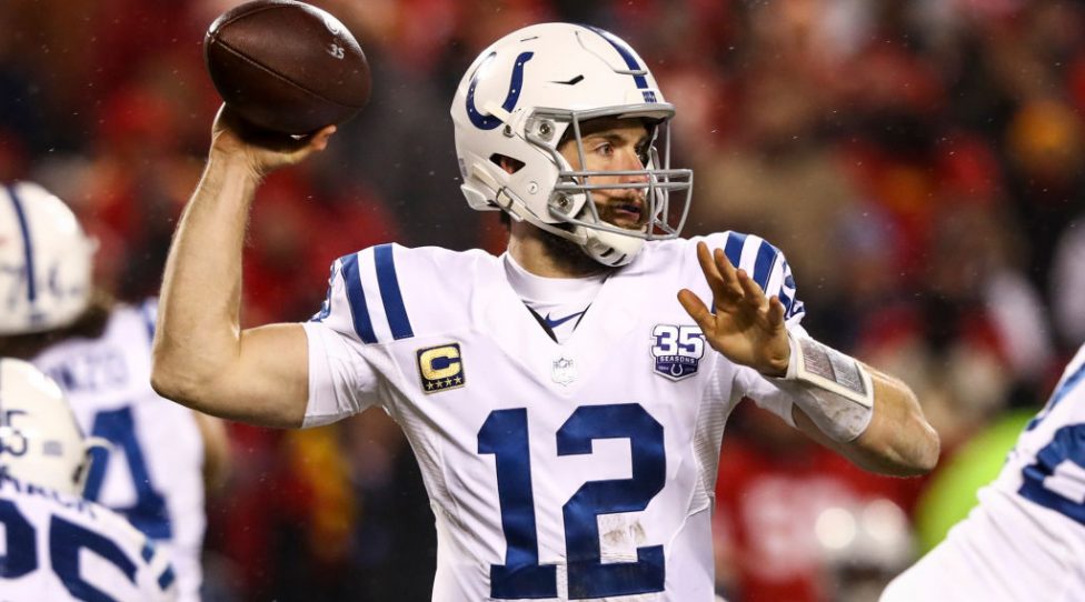 KANSAS CITY, MO - JANUARY 12: Andrew Luck #12 of the Indianapolis Colts throws a pass against the Kansas City Chiefs during the third quarter of the AFC Divisional Round playoff game at Arrowhead Stadium on January 12, 2019 in Kansas City, Missouri. (Photo by Jamie Squire/Getty Images)