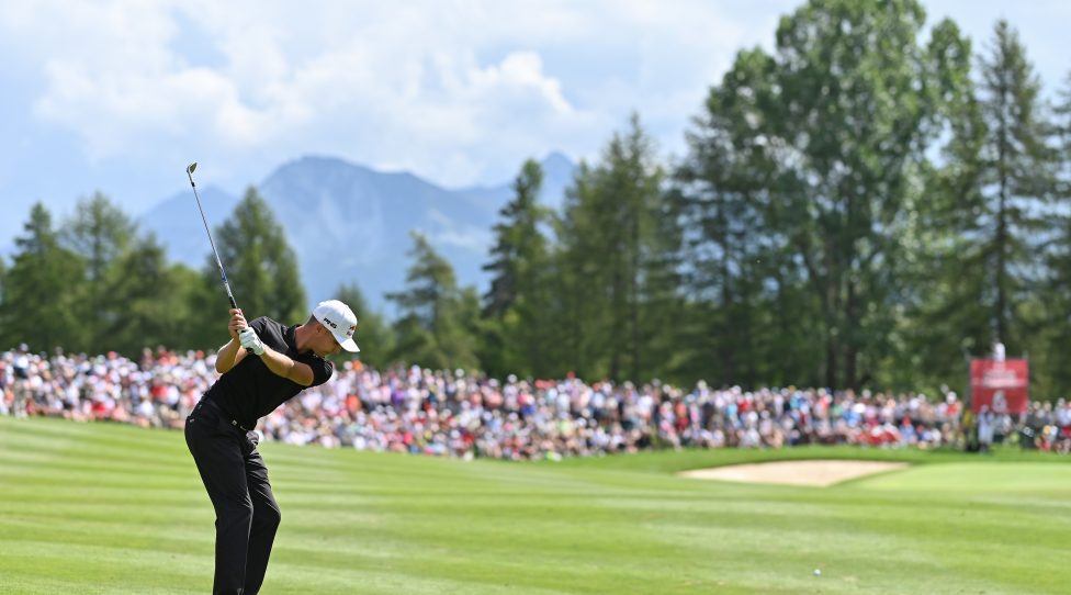CRANS-MONTANA, SWITZERLAND - AUGUST 31: Matthias Schwab of Austria plays a shot on the fourth hole during Day three of the Omega European Masters at Crans Montana Golf Club on August 31, 2019 in Crans-Montana, Switzerland. (Photo by Stuart Franklin/Getty Images)