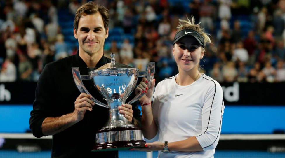 PERTH, AUSTRALIA - JANUARY 05:  Roger Federer and Belinda Bencic of Switzerland with the Hopman Cup after defeating  Angelique Kerber and Alexander Zverev of Germany in the final during day eight of the 2019 Hopman Cup at RAC Arena on January 05, 2019 in Perth, Australia. (Photo by Will Russell/Getty Images)