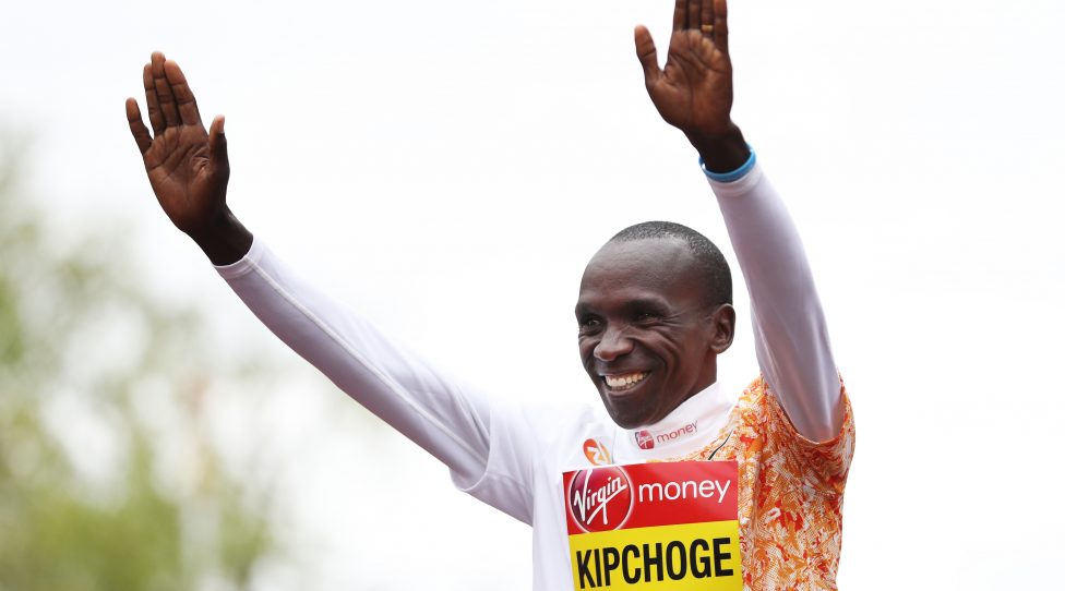 LONDON, ENGLAND - APRIL 28:  Eliud Kipchoge of Kenya celebrates during the victory ceremony after wins the Men's Elite race during the Virgin Money London Marathon at United Kingdom on April 28, 2019 in London, England. (Photo by Naomi Baker/Getty Images)