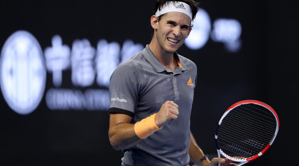 BEIJING, CHINA - OCTOBER 02: Dominic Thiem of Austria reacts during the match of 2019 China Open against Zhizhen Zhang of China at the China National Tennis Center on October 02, 2019 in Beijing, China. (Photo by Emmanuel Wong/Getty Images)