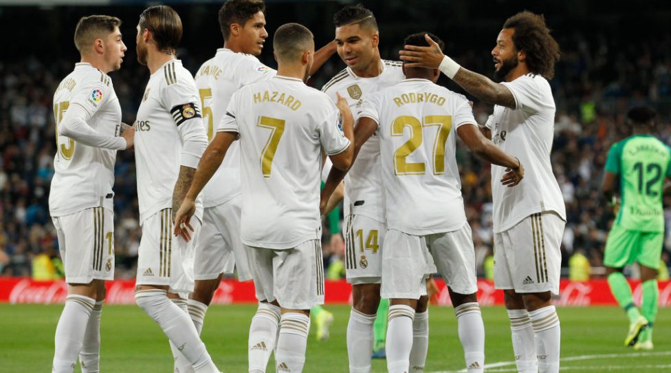 MADRID, SPAIN - OCTOBER 30: (L-R) Federico Valverde of Real Madrid, Sergio Ramos of Real Madrid, Raphael Varane of Real Madrid, Hazard of Real Madrid, Casemiro of Real Madrid, Rodrygo of Real Madrid, Marcelo of Real Madrid celebrate goal during the La Liga Santander  match between Real Madrid v Leganes at the Santiago Bernabeu on October 30, 2019 in Madrid Spain (Photo by David S. Bustamante/Soccrates/Getty Images)