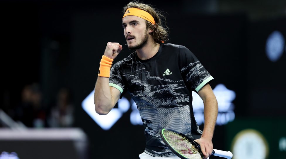 BEIJING, CHINA - OCTOBER 05: Stefanos Tsitsipas of Greece reacts during the Men's singles Semifinals match against Alexander Zverev of Germany at the China National Tennis Center on October 05, 2019 in Beijing, China. (Photo by Emmanuel Wong/Getty Images)