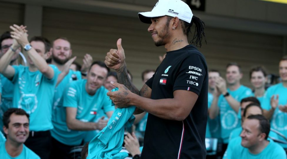 SUZUKA, JAPAN - OCTOBER 13: Lewis Hamilton of Great Britain and Mercedes GP and the Mercedes GP team celebrate winning the constructors championship after the F1 Grand Prix of Japan at Suzuka Circuit on October 13, 2019 in Suzuka, Japan. (Photo by Charles Coates/Getty Images)