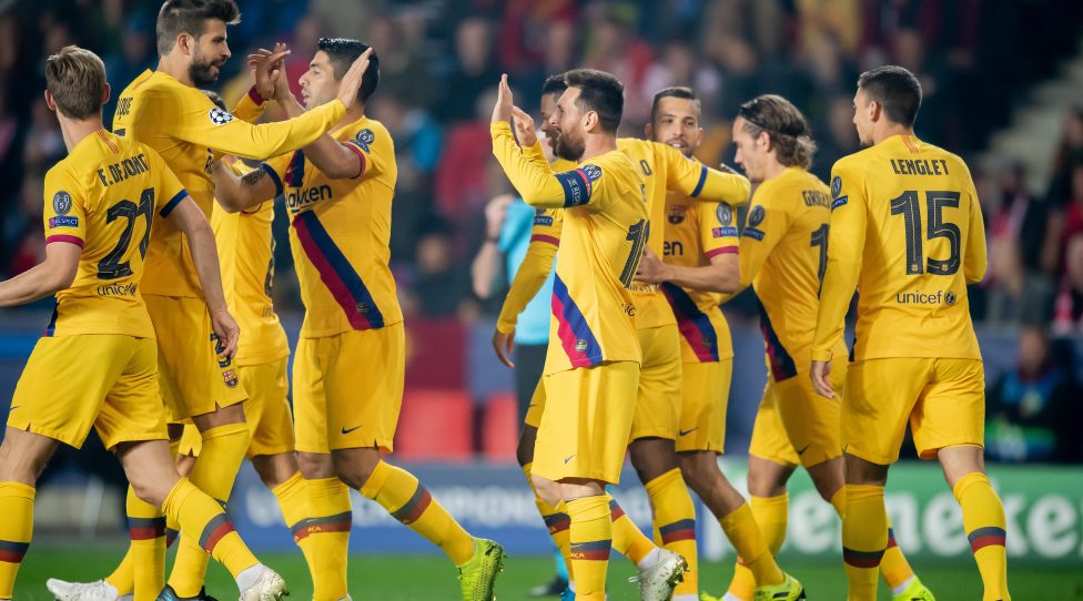 PRAGUE, CZECH REPUBLIC - OCTOBER 23: Lionel Messi (C) of Barcelona celebrates with teammates after scoring the opening goal during the UEFA Champions League group F match between Slavia Praha and FC Barcelona at Sinobo Stadium on October 23, 2019 in Prague, Czech Republic. (Photo by Thomas Eisenhuth/Getty Images)