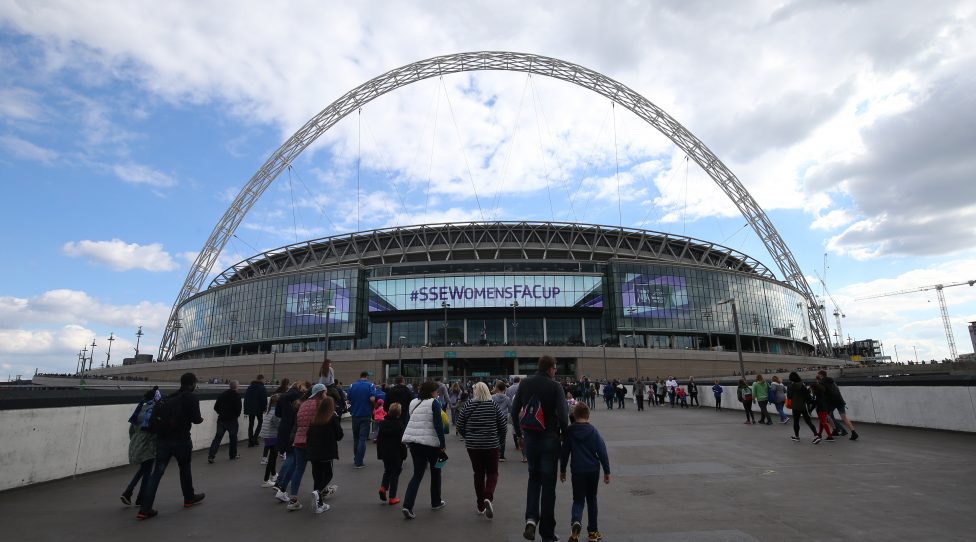 LONDON, ENGLAND - MAY 13: LONDON, ENGLAND - MAY 13: Fans make their way to Wembley stadium for the Women's FA Cup Final during the SSE Women's FA Cup Final between Birmingham City Ladies and Manchester City Women at Wembley Stadium on May 13, 2017 in London, England. (Photo by Catherine Ivill - AMA/Getty Images)