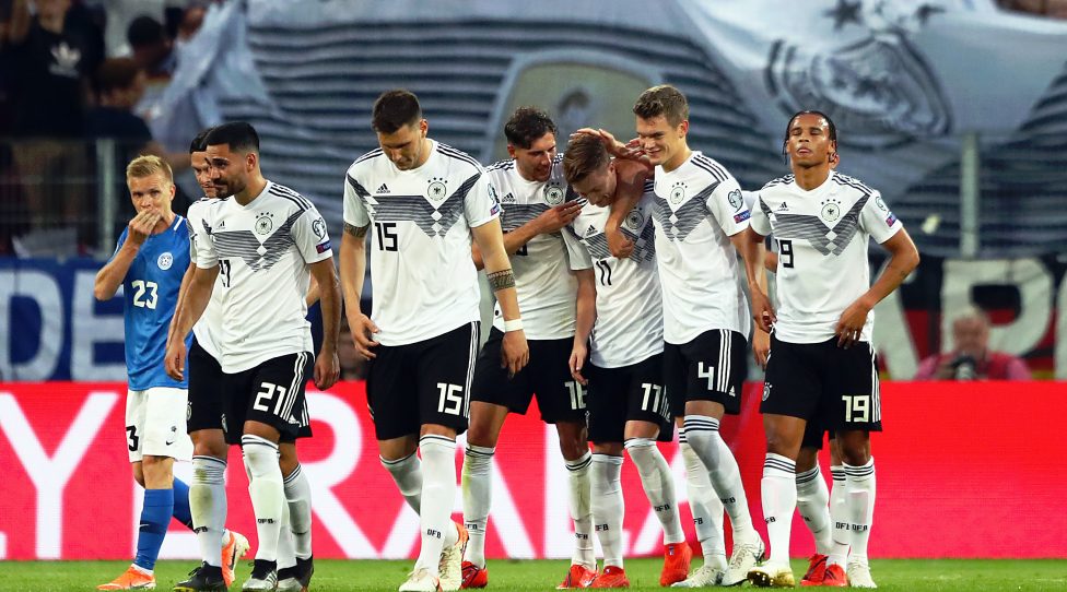 MAINZ, GERMANY - JUNE 11: Germany celebrate their 5th goal scored by Marco Reus during the UEFA Euro 2020 Qualifier match between Germany and Estonia at Opel Arena on June 11, 2019 in Mainz, Germany. (Photo by Martin Rose/Bongarts/Getty Images)