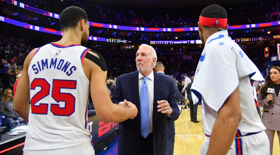 PHILADELPHIA, PA - NOVEMBER 22: Ben Simmons #25 of the Philadelphia 76ers and Head Coach Gregg Popovich of the San Antonio Spurs shake hands after a game on November 22, 2019 at the Wells Fargo Center in Philadelphia, Pennsylvania NOTE TO USER: User expressly acknowledges and agrees that, by downloading and/or using this Photograph, user is consenting to the terms and conditions of the Getty Images License Agreement. Mandatory Copyright Notice: Copyright 2019 NBAE (Photo by Jesse D. Garrabrant/NBAE via Getty Images)