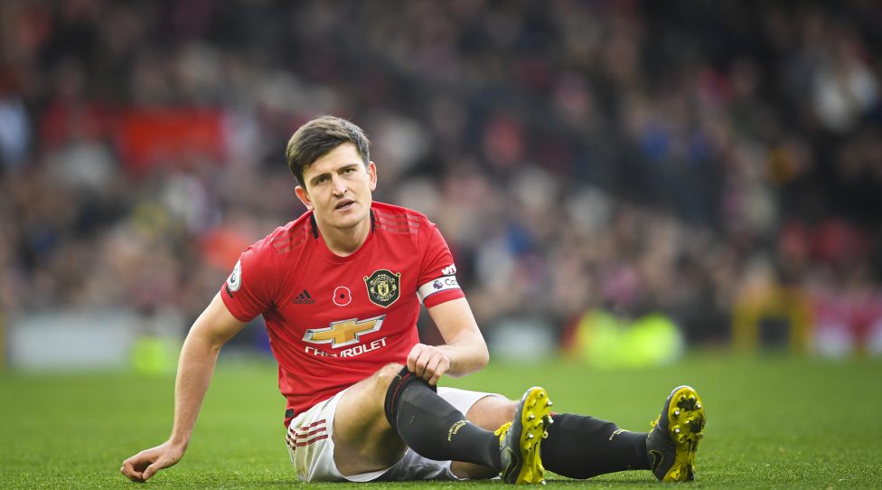 MANCHESTER, ENGLAND - NOVEMBER 10: Harry Maguire of Manchester United looks on during the Premier League match between Manchester United and Brighton & Hove Albion at Old Trafford on November 10, 2019 in Manchester, United Kingdom. (Photo by Michael Regan/Getty Images)