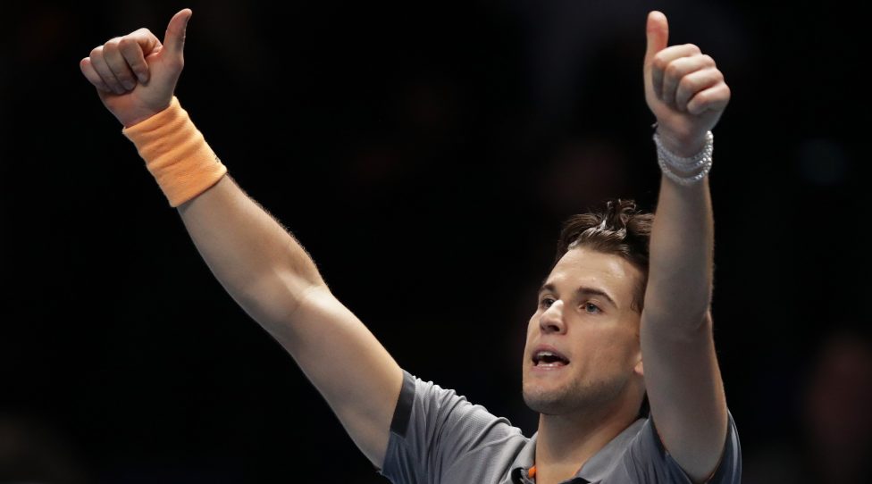 LONDON, ENGLAND - NOVEMBER 12: Dominic Thiem of Austria celebrates victory after his singles match against Novak Djokovic of Serbia during Day Three of the Nitto ATP World Tour Finals at The O2 Arena on November 12, 2019 in London, England. (Photo by Julian Finney/Getty Images)