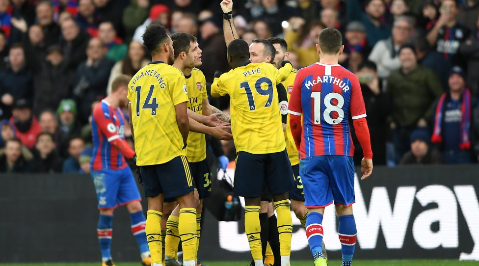 LONDON, ENGLAND - JANUARY 11: Referee Paul Tierney awards Pierre-Emerick Aubameyang of Arsenal a red card following a VAR review during the Premier League match between Crystal Palace and Arsenal FC at Selhurst Park on January 11, 2020 in London, United Kingdom. (Photo by Harriet Lander/Copa/Getty Images)