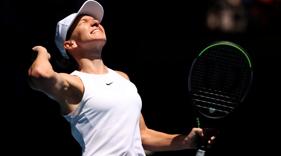 MELBOURNE, AUSTRALIA - JANUARY 29: Simona Halep of Romania celebrates winning match point during her Women's Singles Quarterfinal match against Anett Kontaveit of Estonia on day ten of the 2020 Australian Open at Melbourne Park on January 29, 2020 in Melbourne, Australia. (Photo by Clive Brunskill/Getty Images)