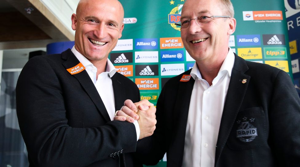 VIENNA,AUSTRIA,24.MAY.17 - SOCCER - OEFB Samsung Cup, final,  SK Rapid Wien vs Red Bull Salzburg, preview, press conference. Image shows head coach Goran Djuricin (Rapid) and sporting director Fredy Bickel (Rapid). Keywords: Wien Energie. Photo: GEPA pictures/ Philipp Brem