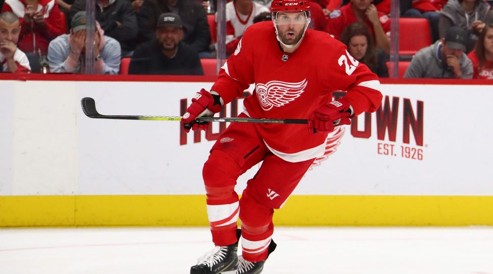 DETROIT, MI - OCTOBER 04: Thomas Vanek #26 of the Detroit Red Wings skates against the Columbus Blue Jackets at Little Caesars Arena on October 4, 2018 in Detroit, Michigan. (Photo by Gregory Shamus/Getty Images)