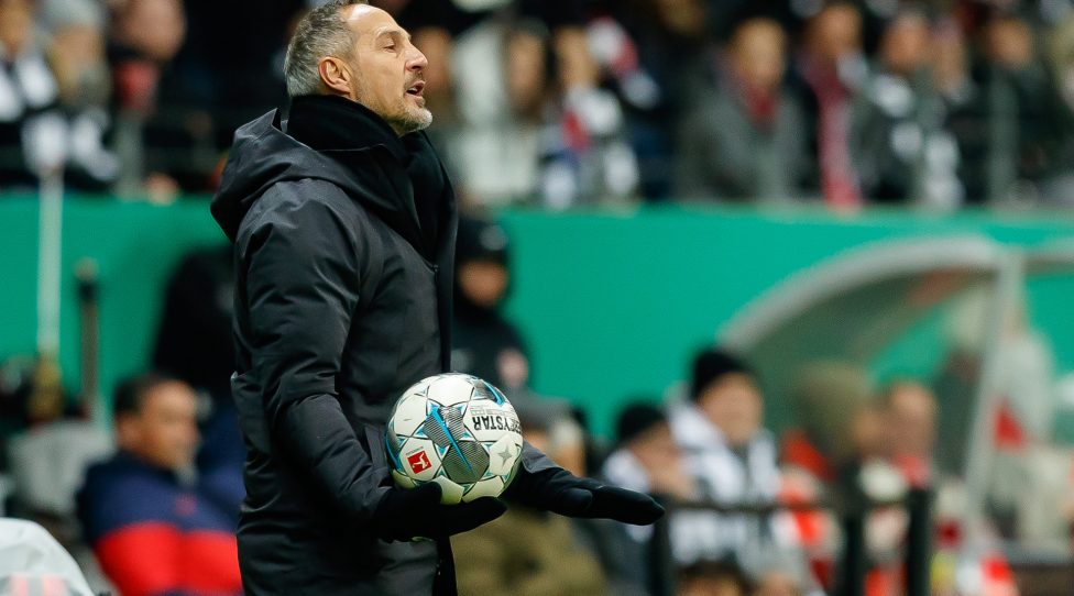 FRANKFURT AM MAIN, GERMANY - FEBRUARY 04: (BILD ZEITUNG OUT) head coach Adi Huetter of Eintracht Frankfurt gestures during the DFB Cup round of sixteen match between Eintracht Frankfurt and RB Leipzig at Commerzbank Arena on February 4, 2020 in Frankfurt am Main, Germany. (Photo by Roland Krivec/DeFodi Images via Getty Images)