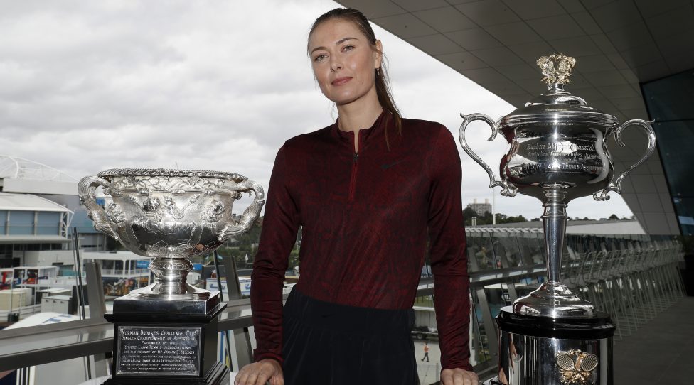 MELBOURNE, AUSTRALIA - JANUARY 12: Maria Sharapova poses with the Australian Open trophies ahead of the 2020 Australian Open at Melbourne Park on January 12, 2020 in Melbourne, Australia. (Photo by Darrian Traynor/Getty Images)