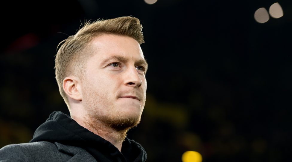DORTMUND, GERMANY - FEBRUARY 18: (BILD ZEITUNG OUT) Marco Reus of Borussia Dortmund looks on prior to the UEFA Champions League round of 16 first leg match between Borussia Dortmund and Paris Saint-Germain at Signal Iduna Park on February 18, 2020 in Dortmund, Germany. (Photo by Alex Gottschalk/DeFodi Images via Getty Images)