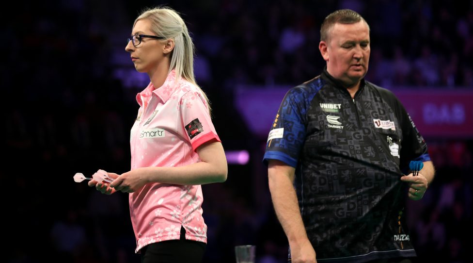 NOTTINGHAM, ENGLAND - FEBRUARY 13: Fallon Sherrock throws in her match against Glen Durrant during day two of the Unibet Premier League at Motorpoint Arena on February 13, 2020 in Nottingham, England. (Photo by Alex Pantling/Getty Images)