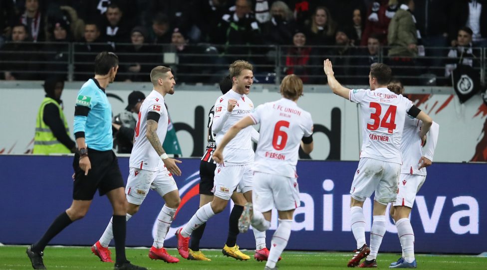 FRANKFURT AM MAIN, GERMANY - FEBRUARY 24: Sebastian Andersson of FC Union Berlin celebrates after scoring his sides first goal during the Bundesliga match between Eintracht Frankfurt and 1. FC Union Berlin at Commerzbank-Arena on February 24, 2020 in Frankfurt am Main, Germany. (Photo by Alex Grimm/Bongarts/Getty Images)