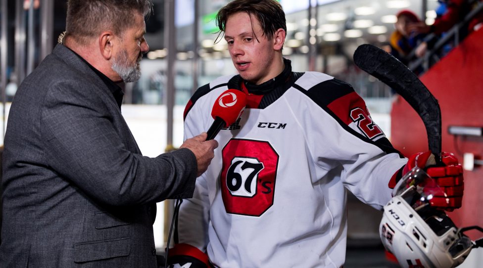 OTTAWA,CANADA,01.DEC.19 - ICE HOCKEY - OHL, Ontario Hockey League, Ottawa 67s vs North Bay Battalion. Image shows Marco Rossi (Ottawa) during an interview. Photo: GEPA pictures/ ZUMA Press/ Richard A. Whittaker - ATTENTION - COPYRIGHT FOR AUSTRIAN CLIENTS ONLY - FOR EDITORIAL USE ONLY