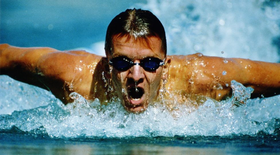 Michael Gross from the former Demorcratic Reublic of Germany and also known as the Albatross on his way to winning the 100m Butterfly at the European Swimming Championships on 7 August 1985 in Sofia, Bulgaria. Visions of Sport. (Photo by Michael King/Allsport/Getty Images)