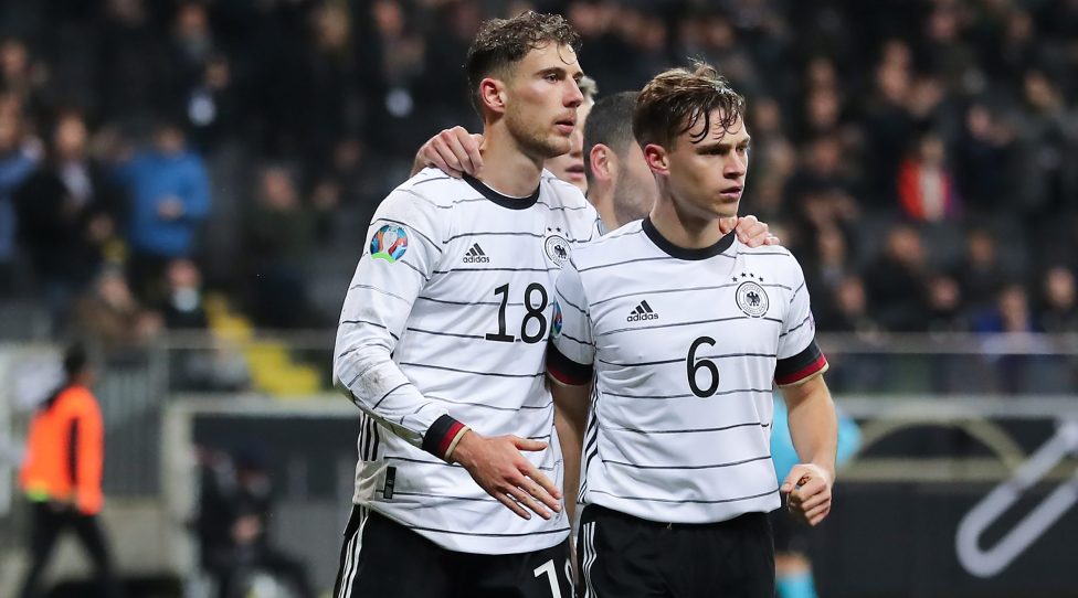 FRANKFURT AM MAIN, GERMANY - NOVEMBER 19: Leon Goretzka of Germany  celebrates after scoring his team`s second goal with team mate Joshua Kimmich of Germany  during the UEFA Euro 2020 Qualifier between Germany and Northern Ireland at Commerzbank Arena on November 19, 2019 in Frankfurt am Main, Germany. (Photo by Christian Kaspar-Bartke/Bongarts/Getty Images)