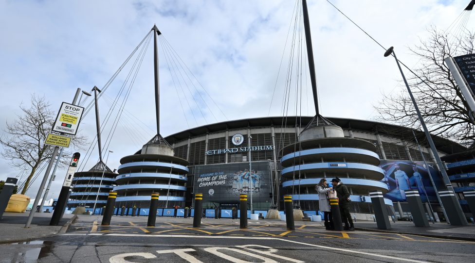 A general view of the Etihad Stadium is pictured following the postponement of the day's Premier League Manchester City versus Burnley football match due to the outbreak of the novel coronavirus COVID-19, in Manchester on March 14, 2020. - Football Association chairman Greg Clarke has reportedly told the Premier League he does not believe the domestic football season will be completed because of the coronavirus pandemic.  The Premier League suspended all fixtures at an emergency meeting on Friday. Matches in the English Football League, FA Women's Super League and Women's Championship are also on hold. (Photo by PAUL ELLIS / AFP) (Photo by PAUL ELLIS/AFP via Getty Images)