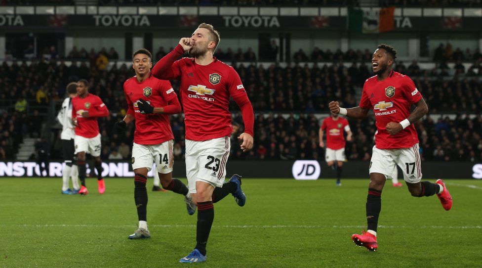 DERBY, ENGLAND - MARCH 05: Luke Shaw of Manchester United celebrates scoring their first goal during the FA Cup Fifth Round match between Derby County and Manchester United at Pride Park on March 05, 2020 in Derby, England. (Photo by Matthew Peters/Manchester United via Getty Images)