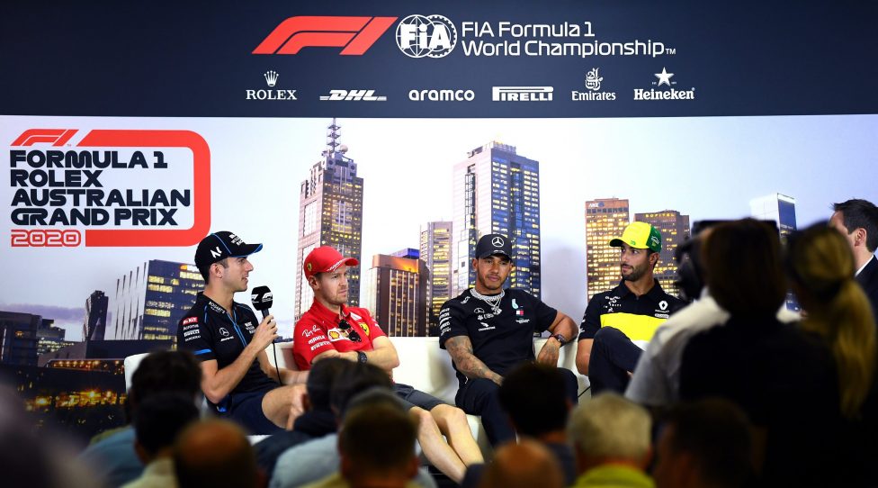 MELBOURNE, AUSTRALIA - MARCH 12: A general view as Nicholas Latifi of Canada and Williams, Sebastian Vettel of Germany and Ferrari, Lewis Hamilton of Great Britain and Mercedes GP, and Daniel Ricciardo of Australia and Renault Sport F1 attend a press conference during previews ahead of the F1 Grand Prix of Australia at Melbourne Grand Prix Circuit on March 12, 2020 in Melbourne, Australia. (Photo by Clive Mason/Getty Images)