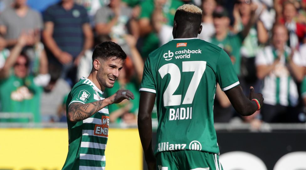 VIENNA,AUSTRIA,04.AUG.19 - SOCCER - tipico Bundesliga, SKN Sankt Poelten vs SK Rapid Wien. Image shows the rejoicing of Taxiarchis Fountas and Aliou Badji (Rapid). Keywords: Wien Energie. Photo: GEPA pictures/ Walter Luger