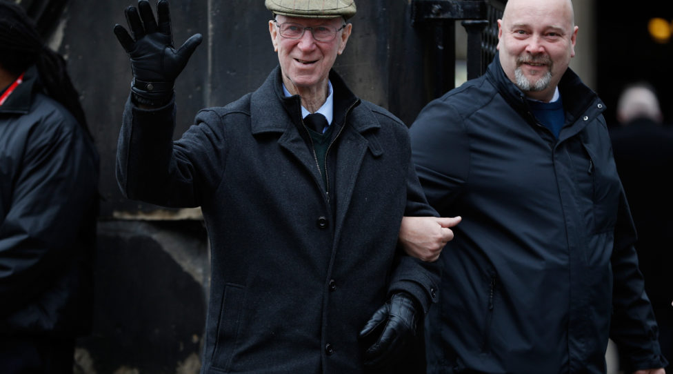 STOKE, ENGLAND - MARCH 04:  Former England football player Jack Charlton attends the funeral of 1966 World Cup and former Stoke City Goalkeeper Gordon Banks on March 04, 2019 in Stoke, England.  Gordon Banks, considered one of the finest goalkeepers of all time, had a career in football spanning 20 years and 73 caps for England. He started every game of England's successful 1966 World Cup title bid. His greatest save came in the 1970 World Cup against Brazil when he stopped a downward header from Pele. He played club football for Leicester and then Stoke City from where he retired. Today fellow 1966 World Cup footballer Geoff Hurst paid tribute to him during a service at Stoke Minster.  (Photo by Darren Staples/Getty Images)