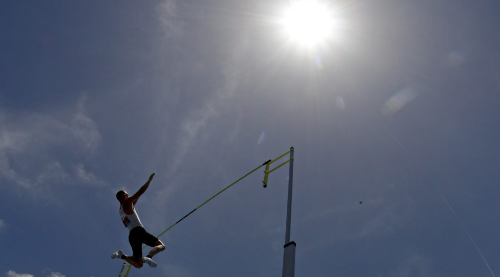 BRADENTON, FL - JULY 09: Sam Kendricks of the United States competes in the pole vault during the Weltklasse Zurich Inspiration Games at IMG Academy  on July 09, 2020 in Bradenton, Florida . (Photo by Mike Ehrmann/Getty Images)