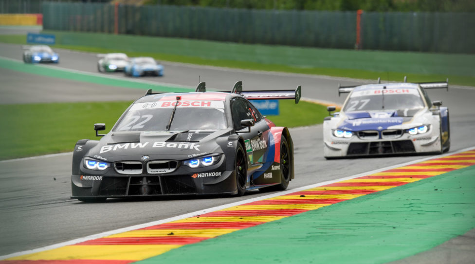 SPA, BELGIUM - AUGUST 02: (BILD ZEITUNG OUT) Lucas Auer of Austria for the BMW Team RMR drives his BMW M4 DTM ahead of Jonathan Aberdein of South Africa for the BMW Team RMR drives his BMW M4 DTM during the DTM race 2 at Circuit de Spa-Francorchamps on August 2, 2020 in Spa, Belgium. (Photo by Mario Hommes/DeFodi Images via Getty Images)