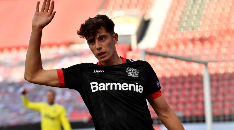 Leverkusen's German midfielder Kai Havertz waves on the pitch during the UEFA Europa League round of 16 football match Bayer 04 Leverkusen v Glasgow Rangers at the Bay Arena stadium on August 6, 2020 in Leverkusen, western Germany. (Photo by Martin Meissner / POOL / AFP) (Photo by MARTIN MEISSNER/POOL/AFP via Getty Images)
