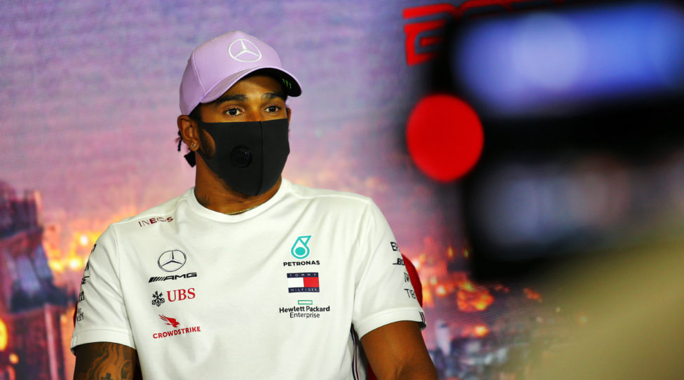 BARCELONA, SPAIN - AUGUST 13: Lewis Hamilton of Great Britain and Mercedes GP talks in the Drivers Press Conference during previews ahead of the F1 Grand Prix of Spain at Circuit de Barcelona-Catalunya on August 13, 2020 in Barcelona, Spain. (Photo by Joao Beato/Pool via Getty Images)