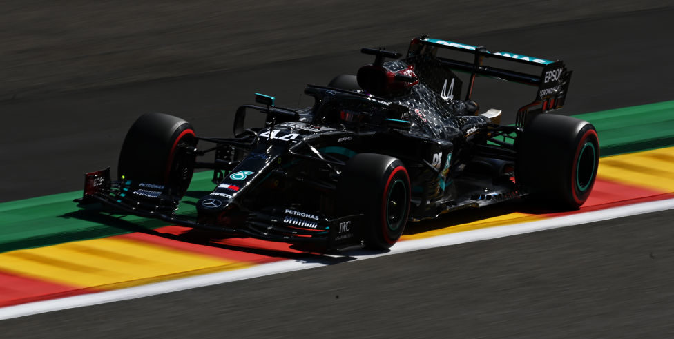 SPA, BELGIUM - AUGUST 29: Lewis Hamilton of Great Britain driving the (44) Mercedes AMG Petronas F1 Team Mercedes W11 drives on track during final practice for the F1 Grand Prix of Belgium at Circuit de Spa-Francorchamps on August 29, 2020 in Spa, Belgium. (Photo by Clive Mason - Formula 1/Formula 1 via Getty Images)