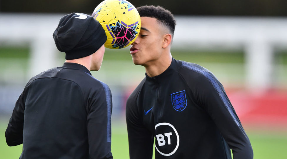 BURTON-UPON-TRENT, ENGLAND - NOVEMBER 11:  Mason Greenwood of England U21s takes part in a training session at St Georges Park on November 11, 2019 in Burton-upon-Trent, England. (Photo by Nathan Stirk/2019 Getty Images)
