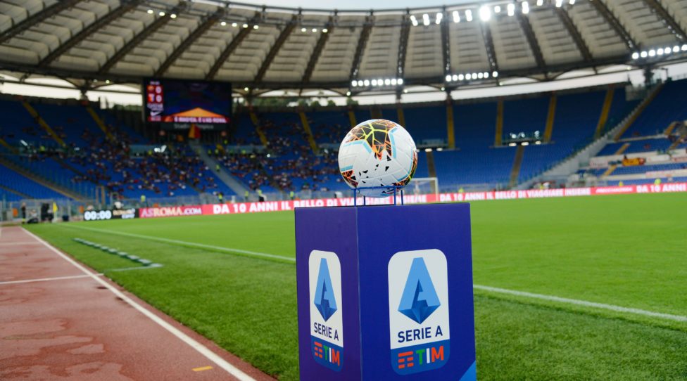 ROME, ITALY - AUGUST 25: An official Nike Serie A ball over a pedestal with Serie A league Logo is seen ahead of the Serie A match between AS Roma and Genoa CFC at Stadio Olimpico on August 25, 2019 in Rome, Italy. (Photo by Silvia Lore/Getty Images)