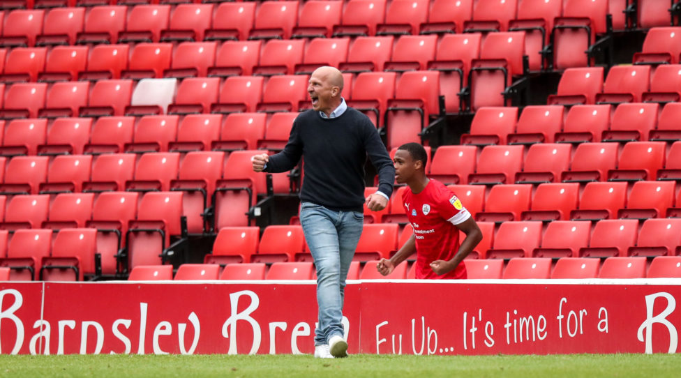 BARNSLEY, ENGLAND - JUNE 30: Gerhard Struber the head coach / manager of Barnsley celebrates the opening goal during the Sky Bet Championship match between Barnsley and Blackburn Rovers at Oakwell Stadium on June 30, 2020 in Barnsley, England. (Photo by Robbie Jay Barratt - AMA/Getty Images)