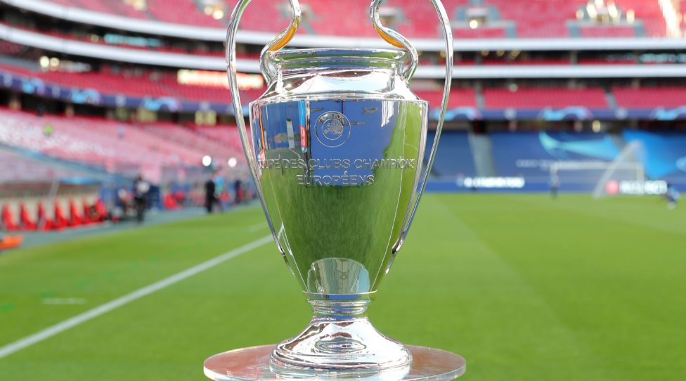The trophy is on display prior to the UEFA Champions League final football match between Paris Saint-Germain and Bayern Munich at the Luz stadium in Lisbon on August 23, 2020. (Photo by Miguel A. Lopes / POOL / AFP) (Photo by MIGUEL A. LOPES/POOL/AFP via Getty Images)
