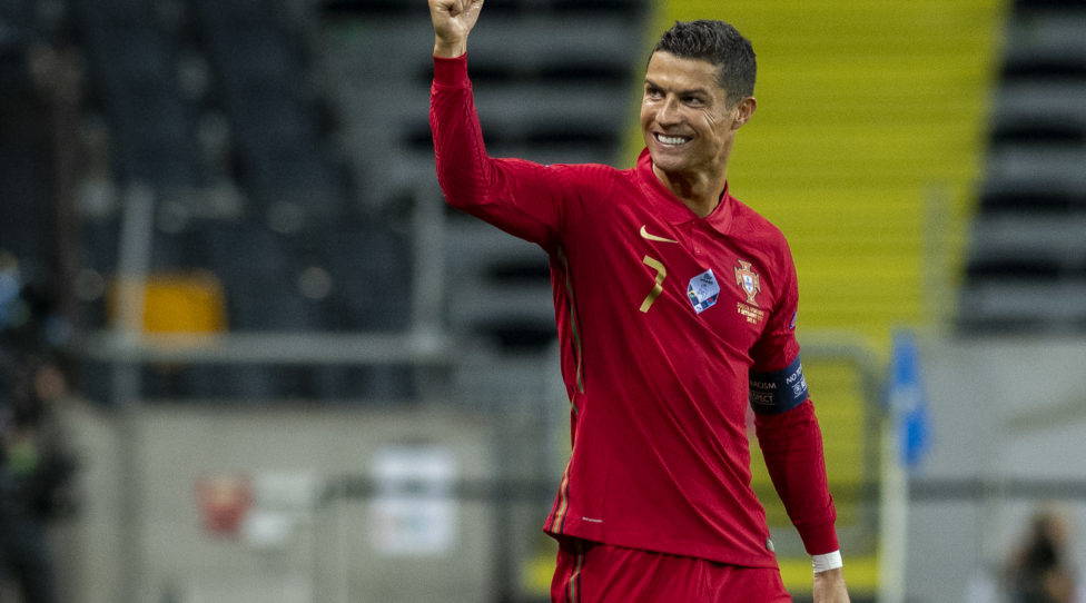 STOCKHOLM, SWEDEN - SEPTEMBER 08: Cristiano Ronaldo of Portugal celebrates after scoring the 0-1 goal during the UEFA Nations League group stage match between Sweden and Portugal at Friends Arena on September 8, 2020 in Stockholm, Sweden. (Photo by David Lidstrom/Getty Images)