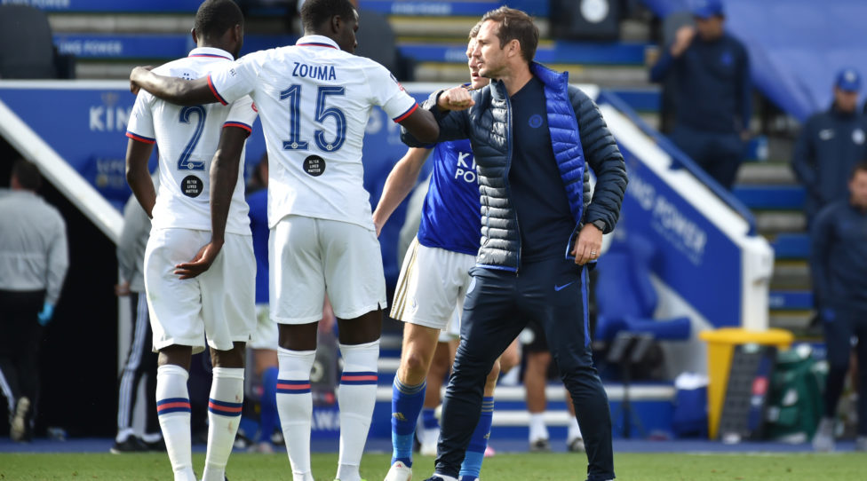 LEICESTER, ENGLAND - JUNE 28: Frank Lampard, Manager of Chelsea interacts with Antonio Rudiger of Chelsea and Kurt Zouma of Chelsea after the FA Cup Fifth Quarter Final match between Leicester City and Chelsea FC at The King Power Stadium on June 28, 2020 in Leicester, England. (Photo by Rui Vieira/Pool via Getty Images)