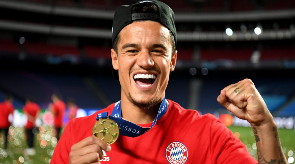 LISBON, PORTUGAL - AUGUST 23: Philippe Coutinho of FC Bayern Munich celebrates with his winners medal following victory in the UEFA Champions League Final match between Paris Saint-Germain and Bayern Munich at Estadio do Sport Lisboa e Benfica on August 23, 2020 in Lisbon, Portugal. (Photo by Michael Regan - UEFA/UEFA via Getty Images)