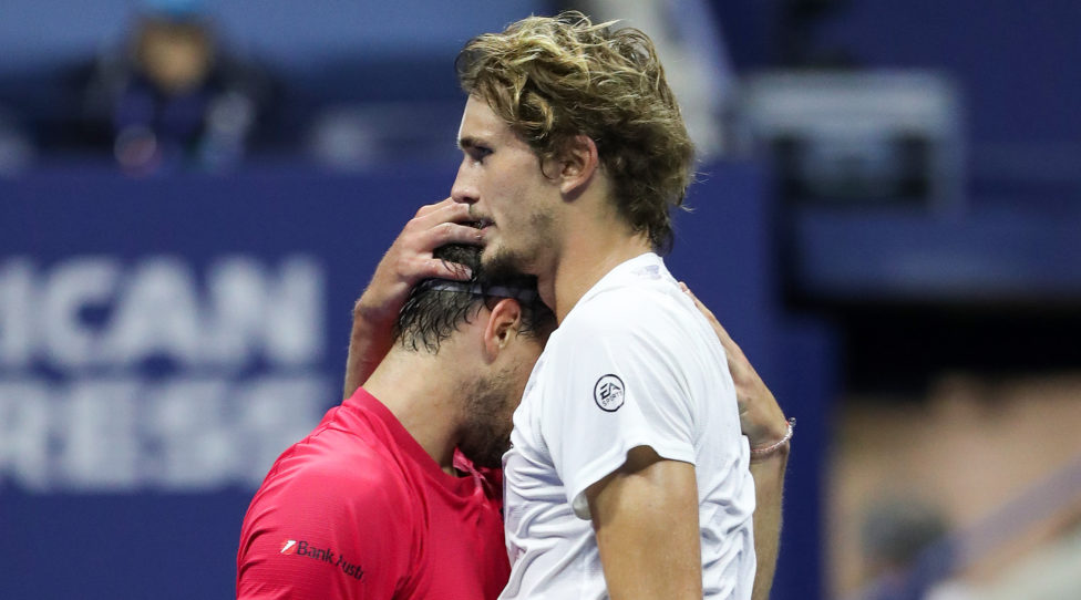 NEW YORK, NEW YORK - SEPTEMBER 13: (L-R) Dominic Thiem of Austria embraces Alexander Zverev of Germany after winning their Men's Singles final match on Day Fourteen of the 2020 US Open at the USTA Billie Jean King National Tennis Center on September 13, 2020 in the Queens borough of New York City. (Photo by Matthew Stockman/Getty Images)