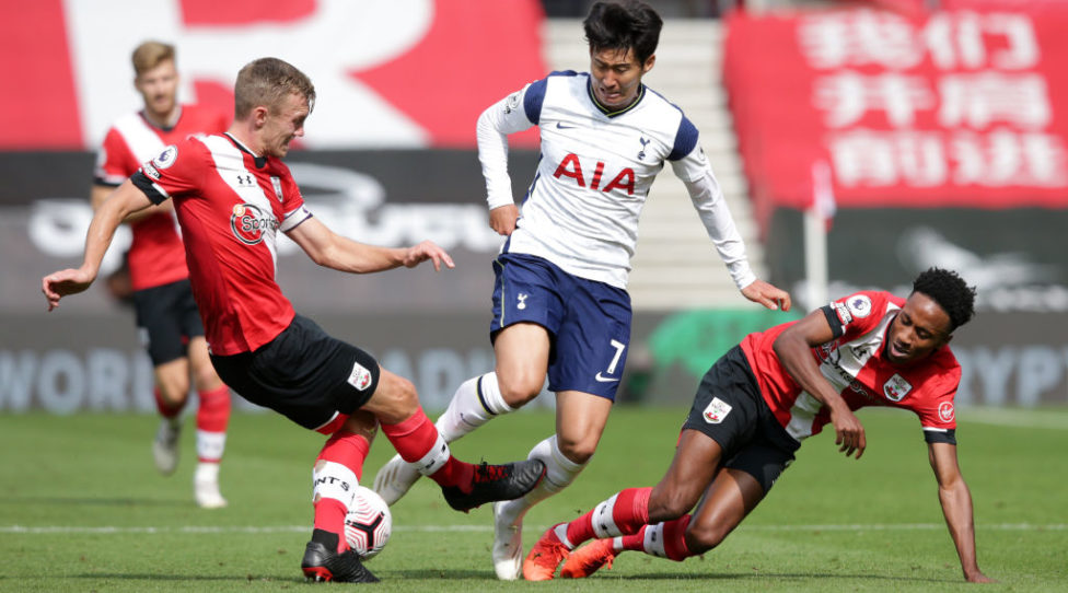 SOUTHAMPTON, ENGLAND - SEPTEMBER 20:  Heung-Min Son of Tottenham Hotspur with James Ward-Prowse and Kyle Walker-Peters of Southampton during the Premier League match between Southampton and Tottenham Hotspur at St Mary's Stadium on September 20, 2020 in Southampton, England. (Photo by Robin Jones/Getty Images)