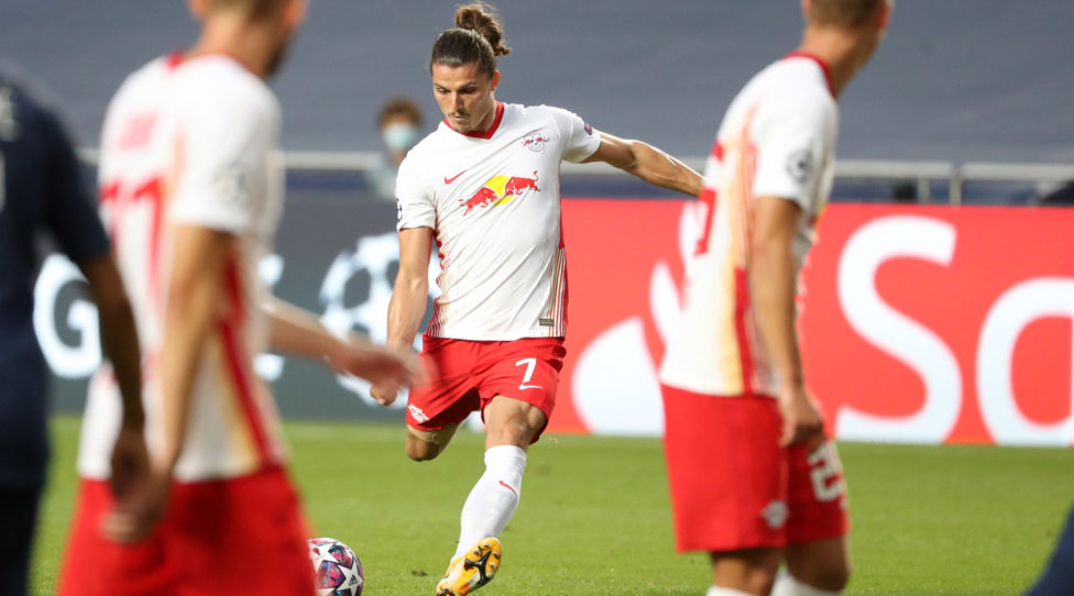LISBON,PORTUGAL,18.AUG.20 - SOCCER - UEFA Champions League, semifinal, RasenBallsport Leipzig vs Paris Saint-Germain. Image shows Marcel Sabitzer (RB Leipzig). Photo: GEPA pictures/ PICTURE POINT/ Sven Sonntag/ Pool via PICTURE POINT - UEFA regulations prohibit any use of photographs as image sequences and/or quasi-video  - Editorial Use ONLY